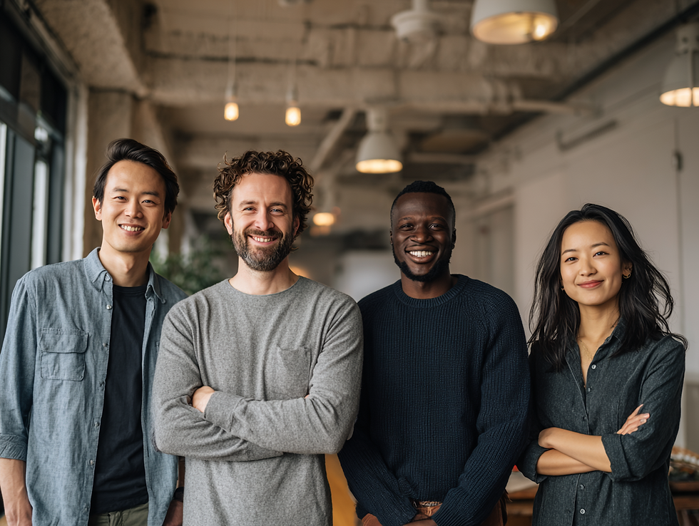 A professional team of four standing together and smiling in a modern office.