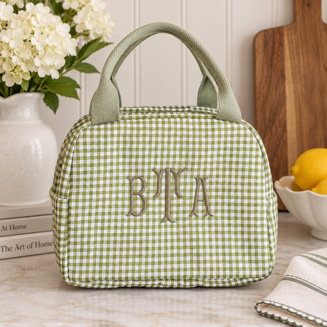 Monogramed Checked and Stripped Lunch Bag
