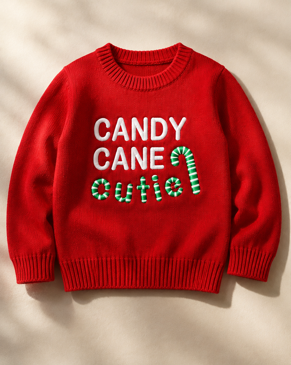Thumbnail: Candy Cane Cutie Christmas Toddler sweater in red with green stripes