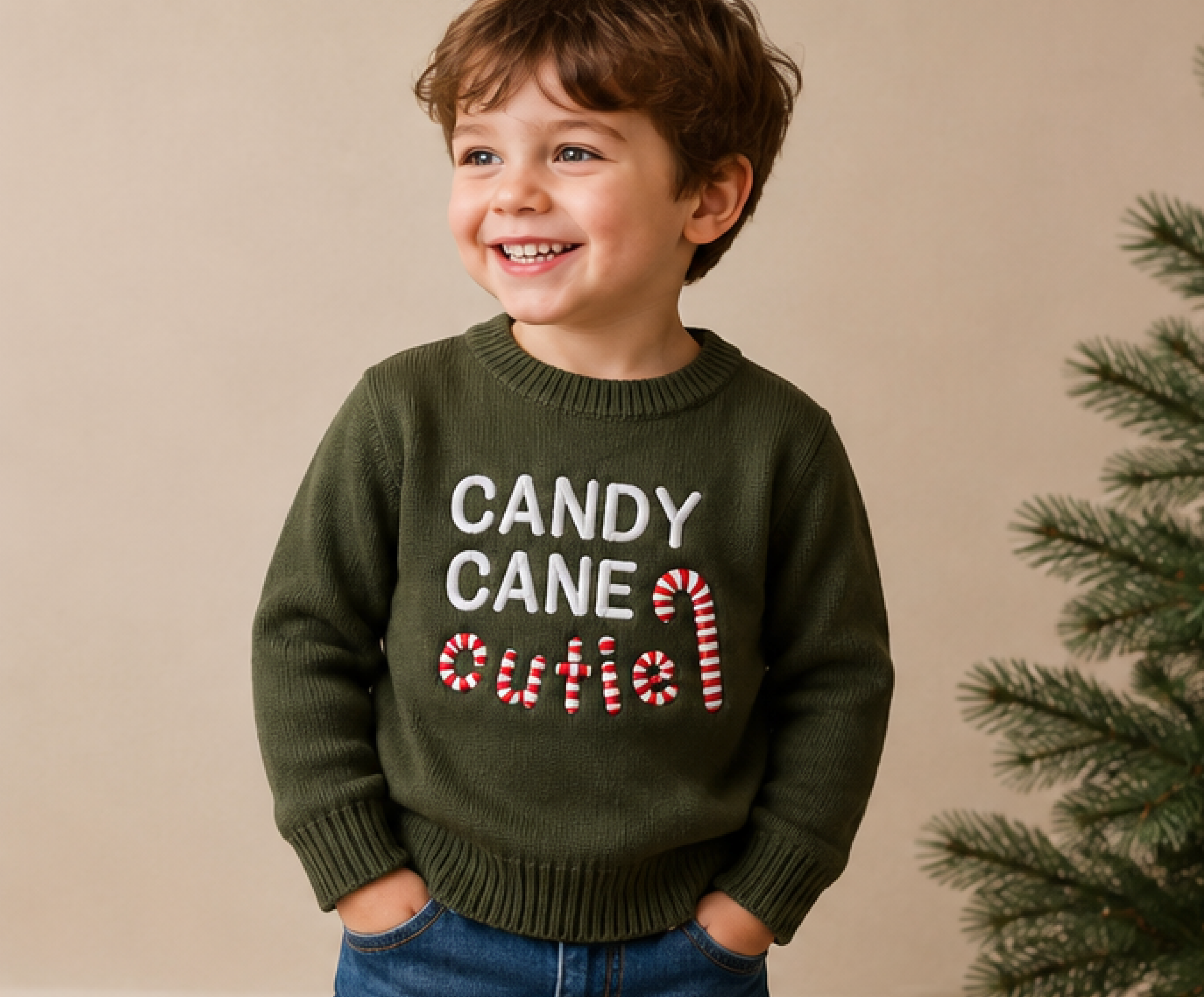 Candy Cane Cutie Christmas Toddler sweater in olive with red stripes