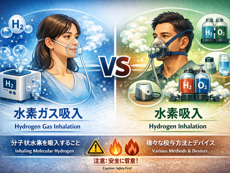 水素ガス吸入と水素吸入の違いを示す図（H₂吸入装置と水素酸素混合ガス吸入の比較）