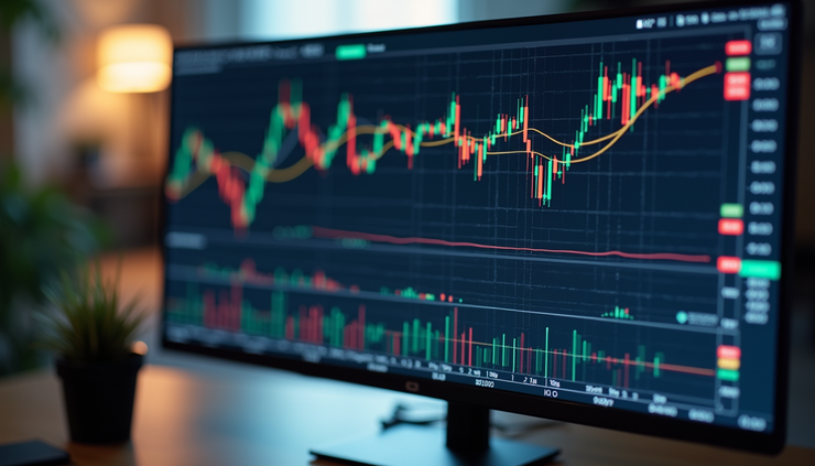 Visão lateral de tela de computador mostrando plataforma MetaTrader 5 com gráficos e indicadores