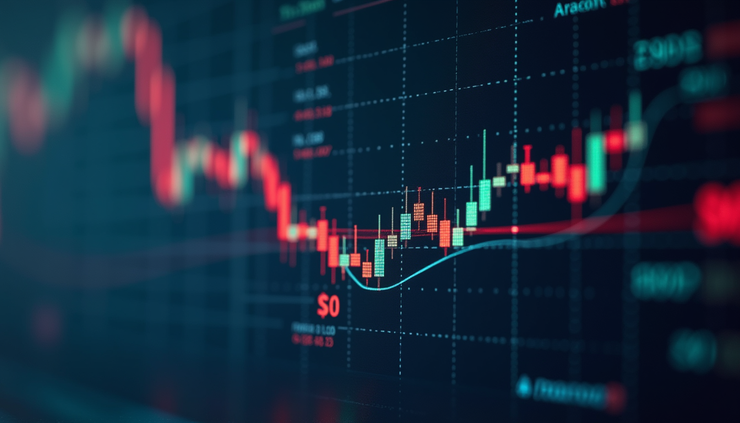 Vista aérea do gráfico de trading com indicadores Aroon e SMA destacados em operação