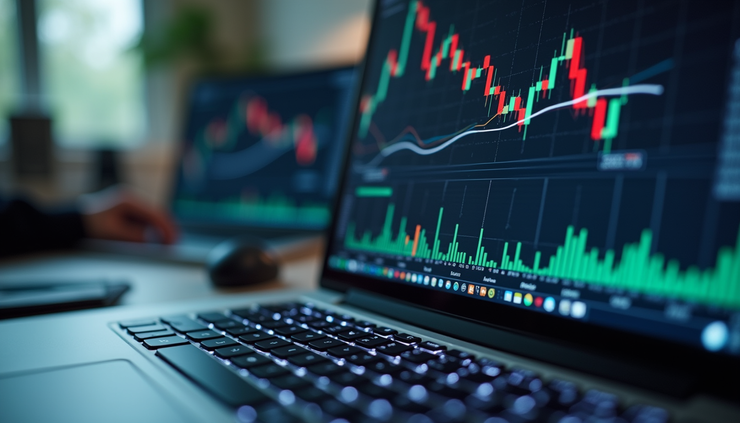 Vista aérea de tela com gráficos financeiros e indicadores técnicos em destaque