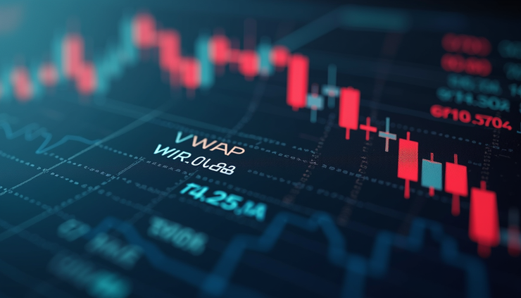 Vista aérea de tela com múltiplos gráficos financeiros e indicadores VWAP