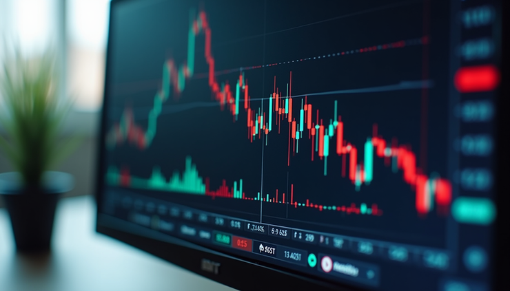 Visão aérea de tela de computador com gráfico de criptomoedas e indicadores técnicos