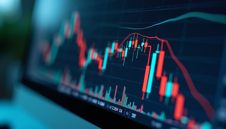 Vista aérea de múltiplos gráficos financeiros em tela de computador com indicadores técnicos