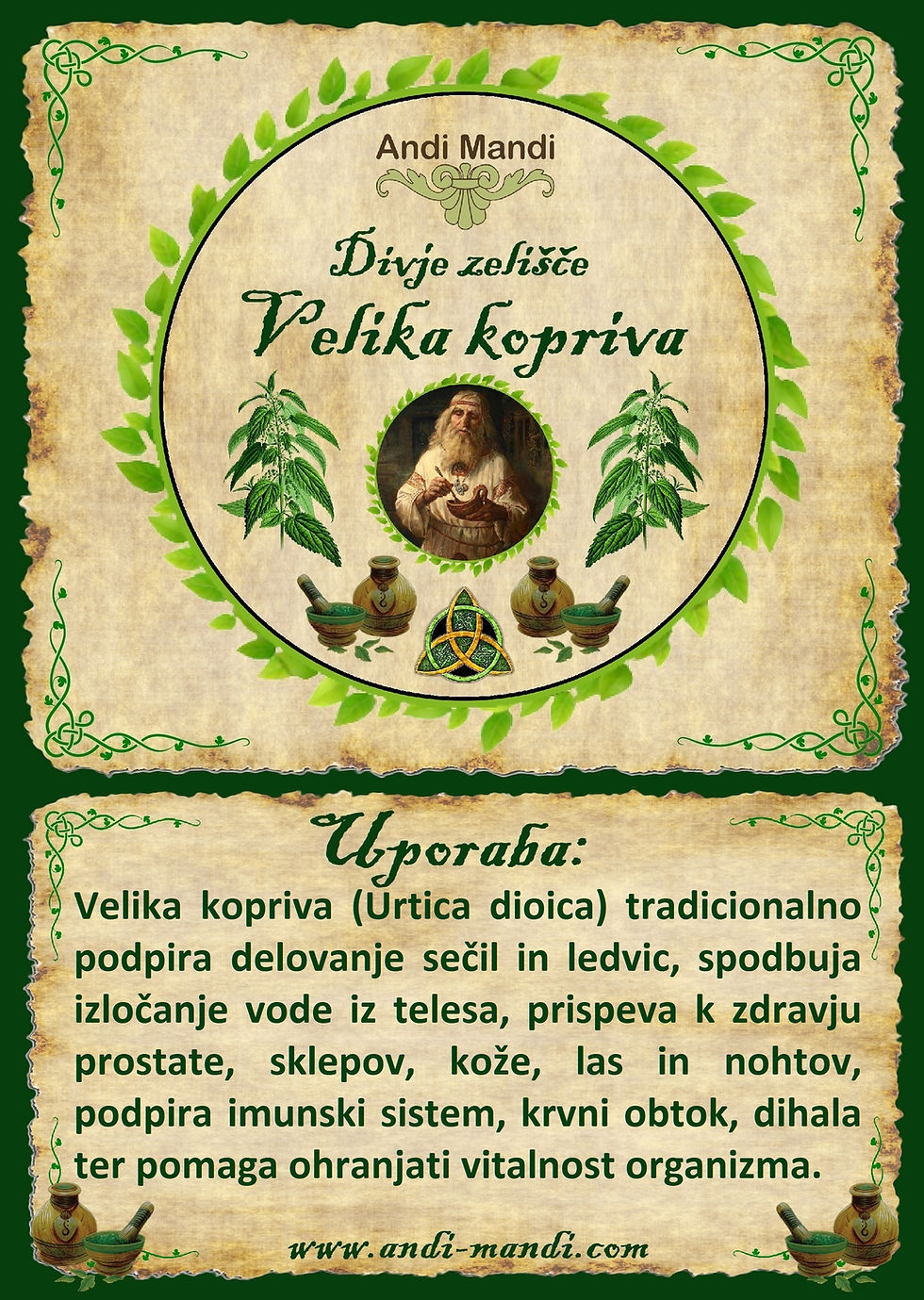 Velika kopriva (Urtica dioica) tradicionalno podpira delovanje sečil in ledvic, spodbuja izločanje vode iz telesa, prispeva k zdravju prostate, sklepov, kože, las in nohtov, podpira imunski sistem, krvni obtok, dihala ter pomaga ohranjati vitalnost organizma.