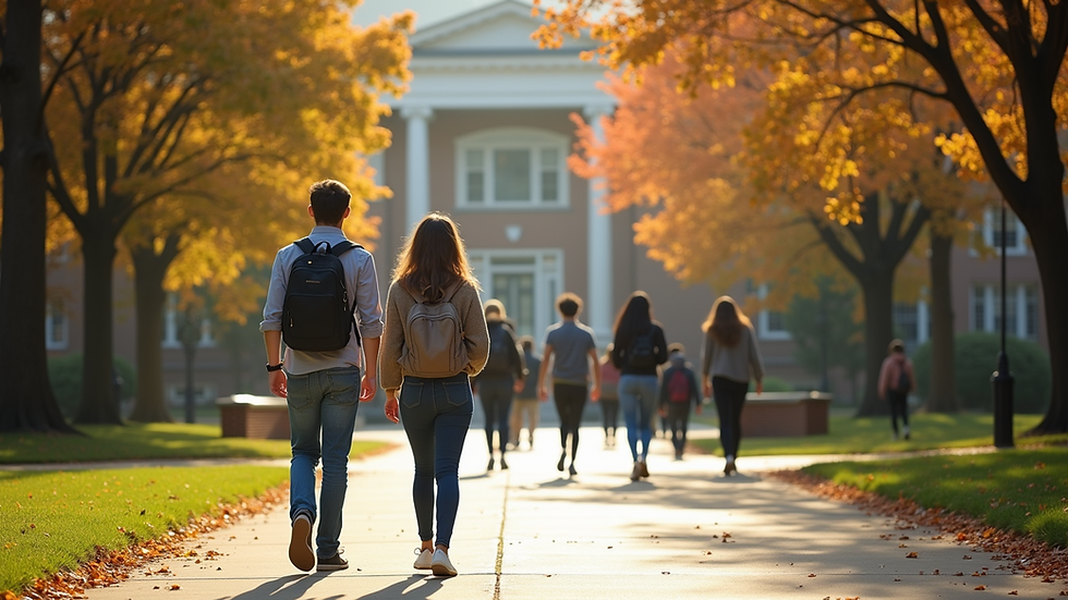 Eye-level view of a college campus with students walking between buildings