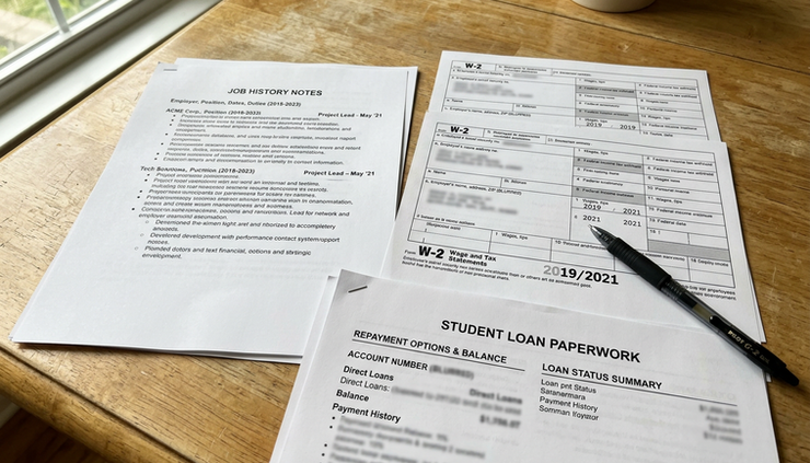 Close-up view of highlighted job history notes beside student loan forms