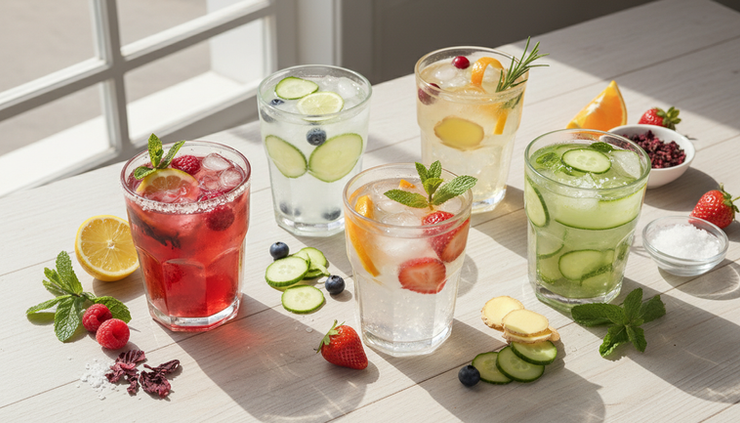 Overhead view of colorful natural electrolyte drinks on a summer table