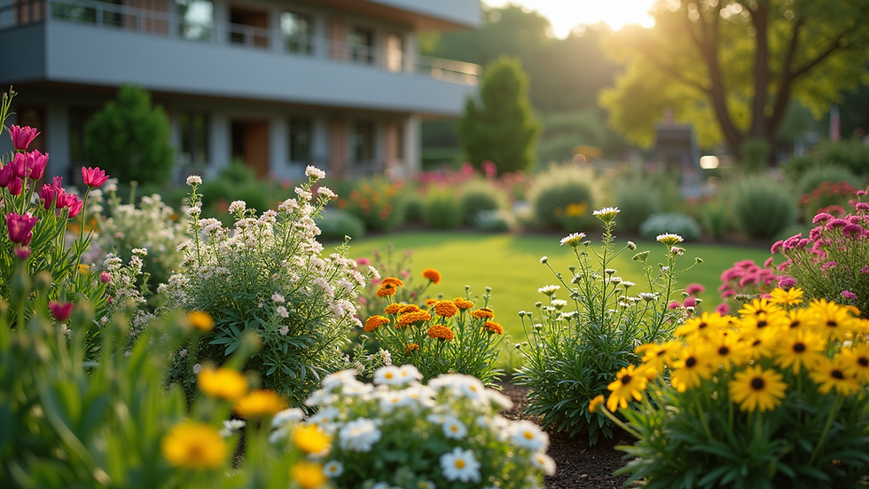 Wide angle view of a vibrant campus garden with diverse plants