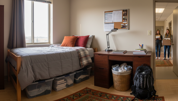 Wide-angle view of a tidy college dorm room with bedding and storage bins.