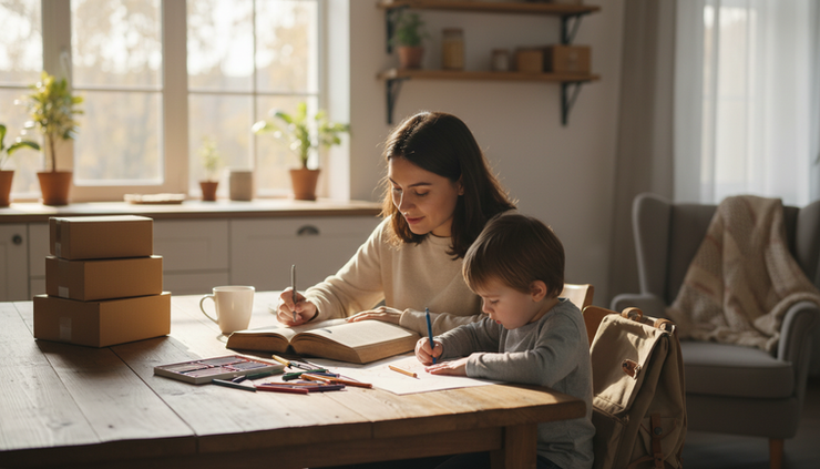 Eye-level view of a mother studying beside a child at a kitchen table