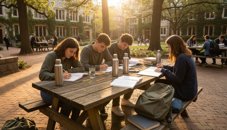 Wide-angle view of a campus courtyard study table.