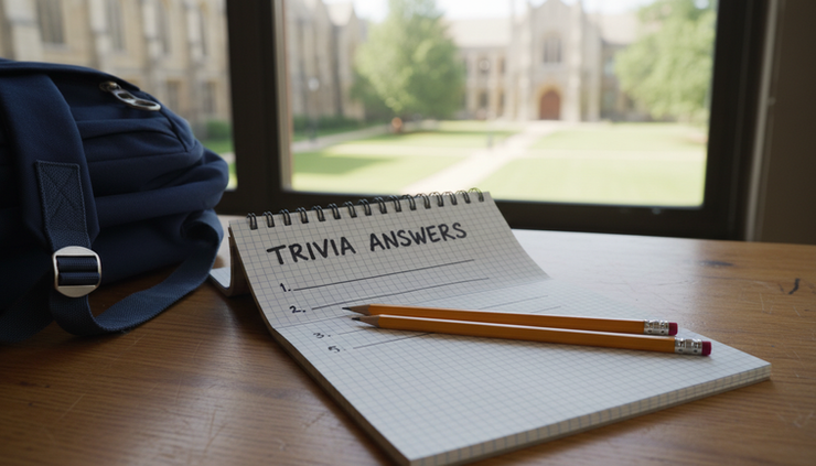 Eye-level view of a trivia answer notebook with pencils.
