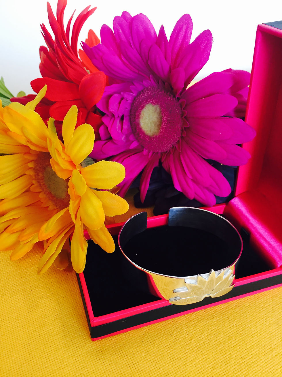Silver Gerbera bangle in box.
