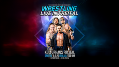 Wrestling Freital Promotonbild für den 10.01.2026 mit der Abbildung von 5 Wrestlern Metehan, Fast Time Moodo, Zeritus, Dominik Fischer und Axel Tischer