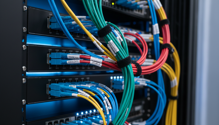 Wide-angle view of fibre optic cables connected to a data centre rack.