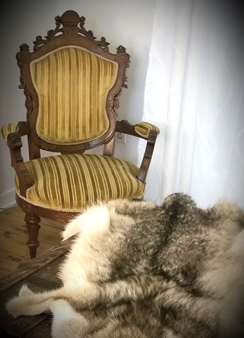 Black walls in a bedroom and living room with grapic poster art and elegant sofa and chair