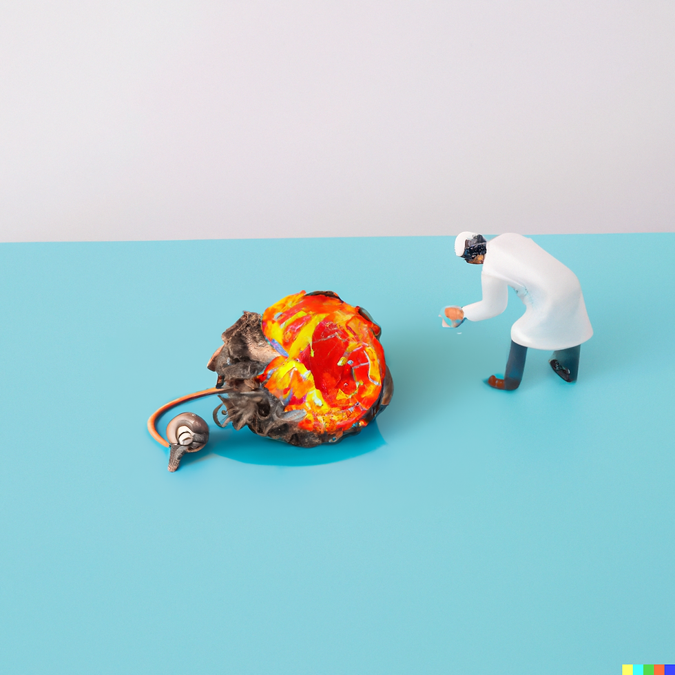 AI image of giant unidentified fruit studied by a scientist