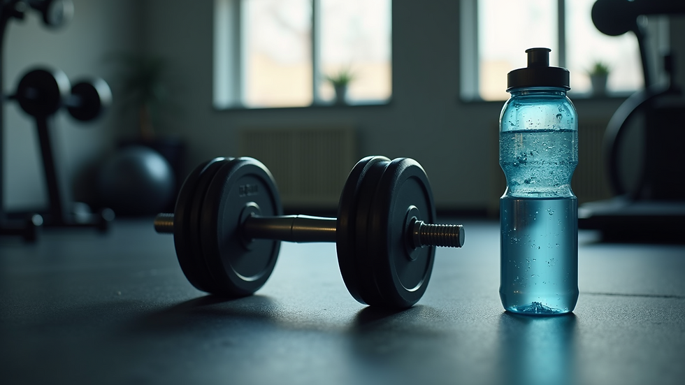 High angle view of a dumbbell resting on a gym floor next to a water bottle