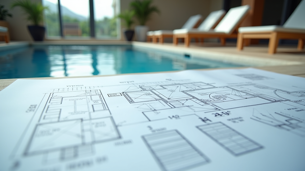 Close-up view of a detailed swimming pool design plan on a table