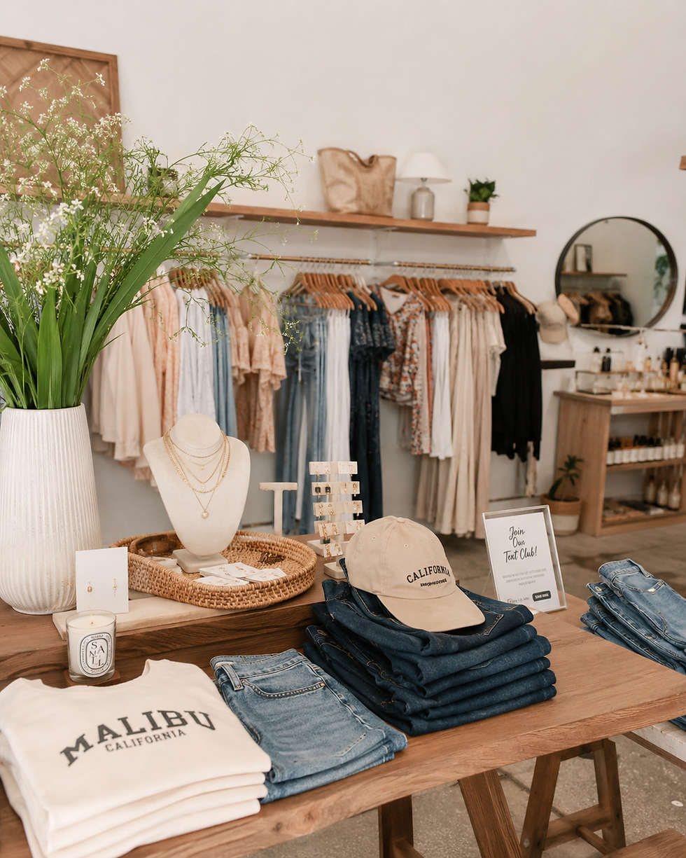 Folded clothes and accessories at a store set up for a brand shoot.