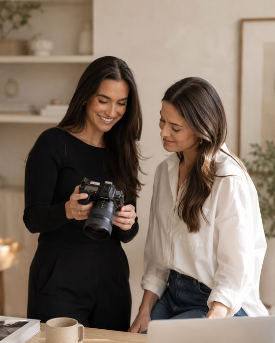 Founder of Sweet Fig Marketing showing photo from content shoot to client.