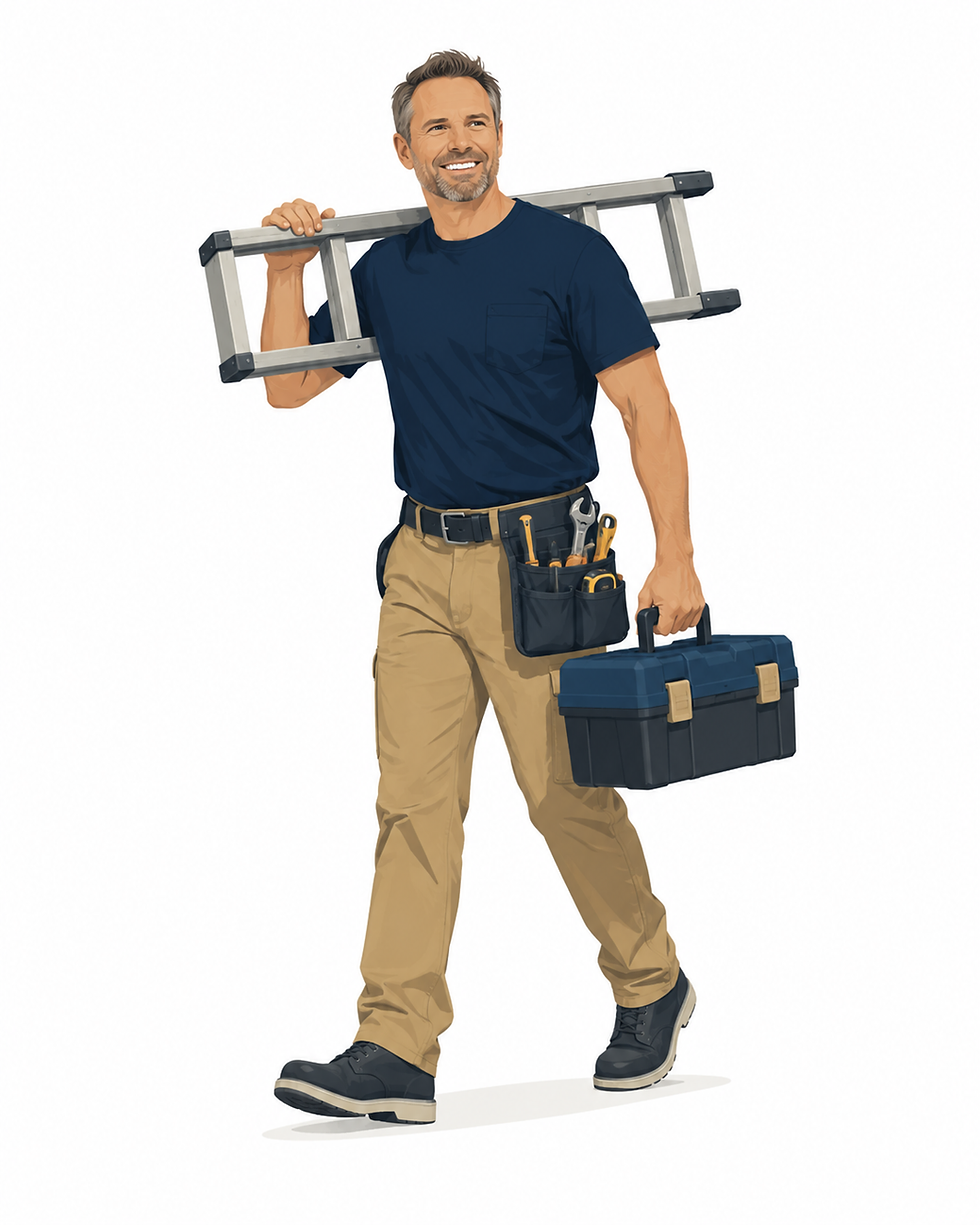 Drawing of a handyman carrying a latter and a toolbox.