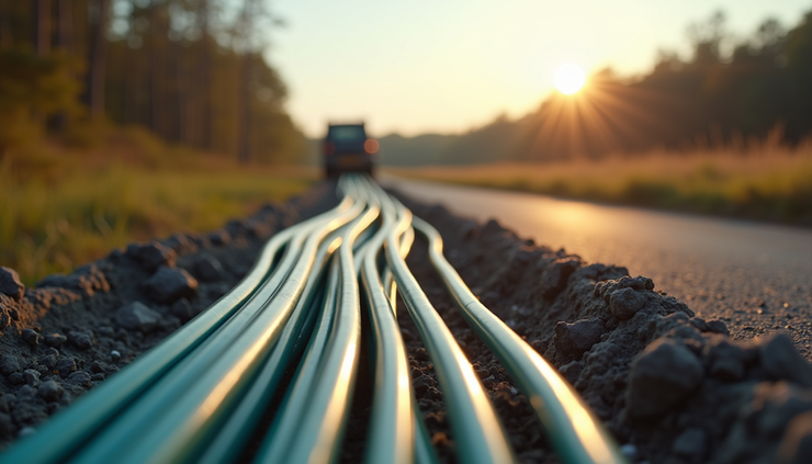 Eye-level view of fiber optic cables being installed along a rural Bedford County road