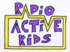Radio Active Kids logo with the words stacked on each other in purple. There is a yellow box with the A in Radio and the V in Active drawn as triangle waveforms.