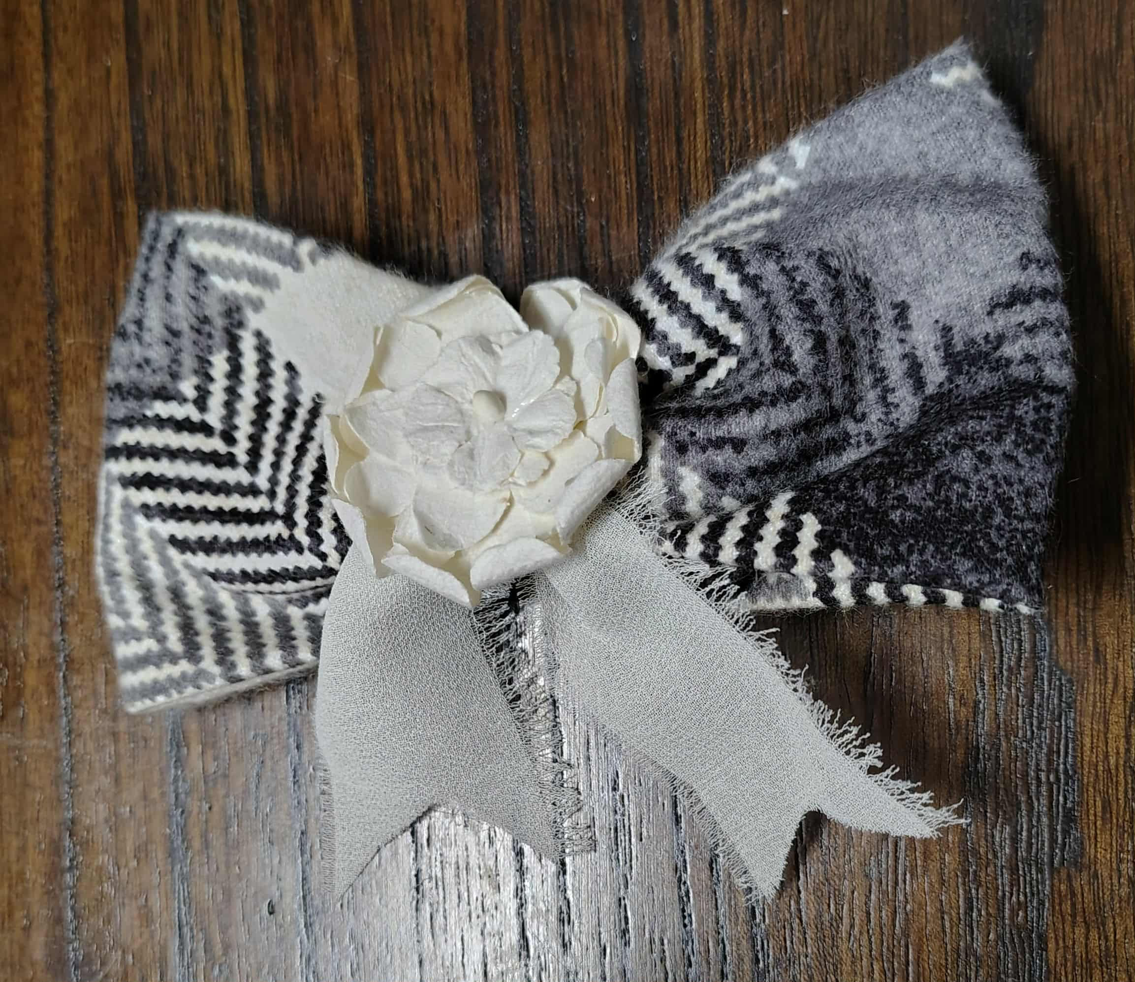 Grey and Cream Flannel Bow with Flower and Ribbon
