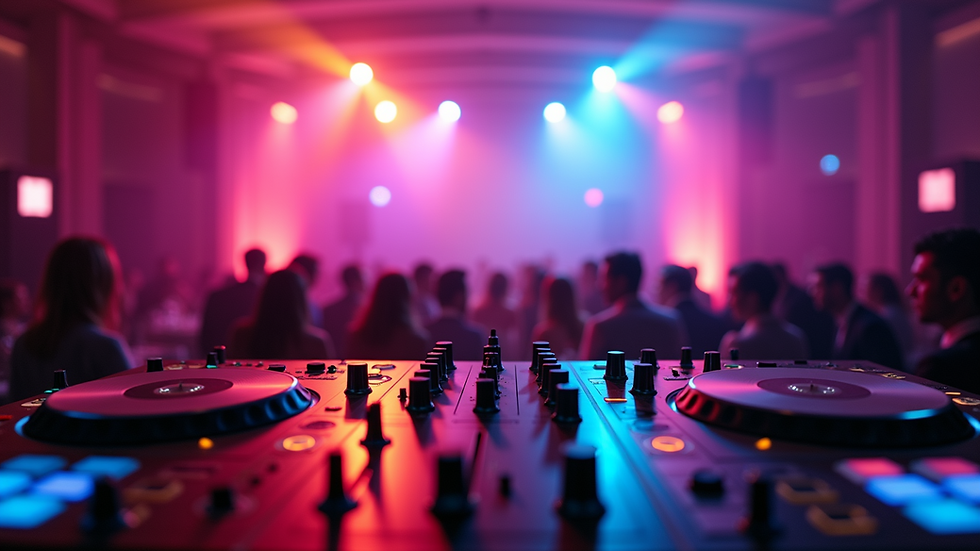 Eye-level view of a wedding DJ booth with colorful lighting
