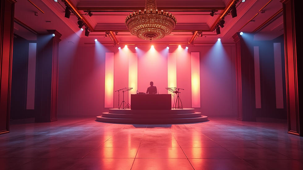 Wide angle view of a ballroom with elegant uplighting and a DJ setup