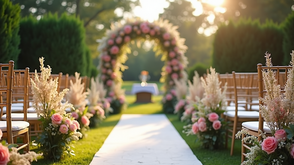 Eye-level view of a beautifully decorated outdoor wedding venue with floral arrangements