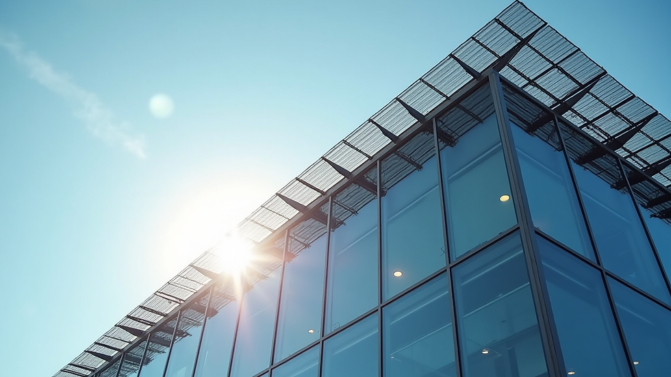Eye-level view of an office building with solar panels on the roof