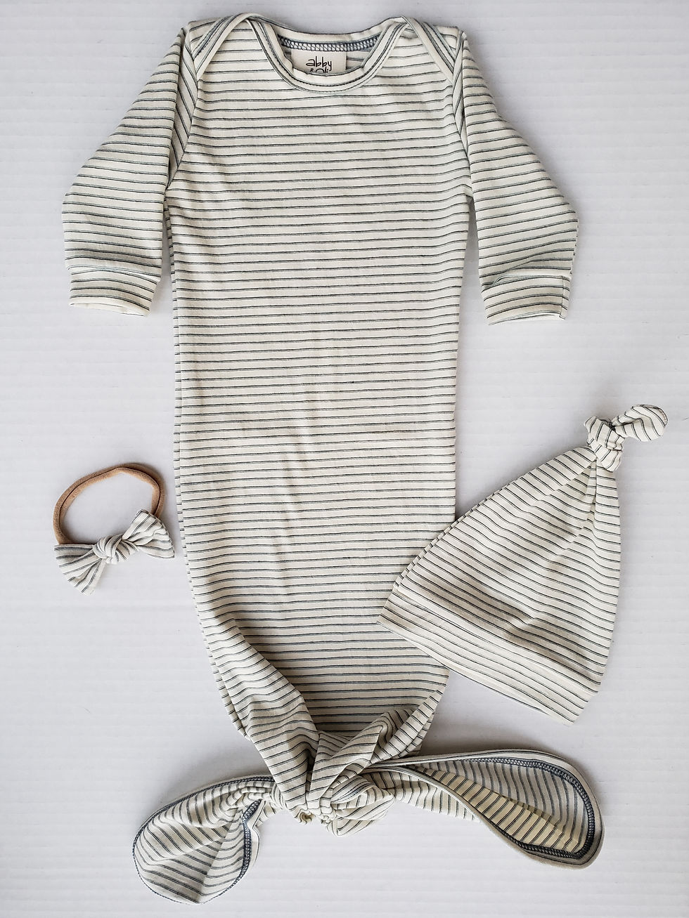 Thumbnail: Landon in Night Sky/Sage Stripes - Organic Cotton Knotted Gown
