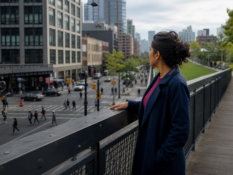 Adult grounding at an overlook as busy city lines resolve toward open green space.