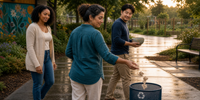 Three adults walking on a garden path as one releases crumpled paper and another carries a repaired bowl.