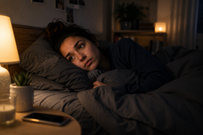 Woman laying in bed unable to sleep due to anxiety over replaying her day and past mistakes.