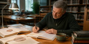 Man writing a kind note to himself in a workbook, suggesting the practice of self-compassion.