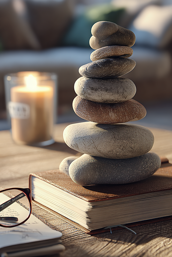 Stacked stones on a journal with candle and notes—symbolizing balance, reflection, and personalized, evidence-based therapy t
