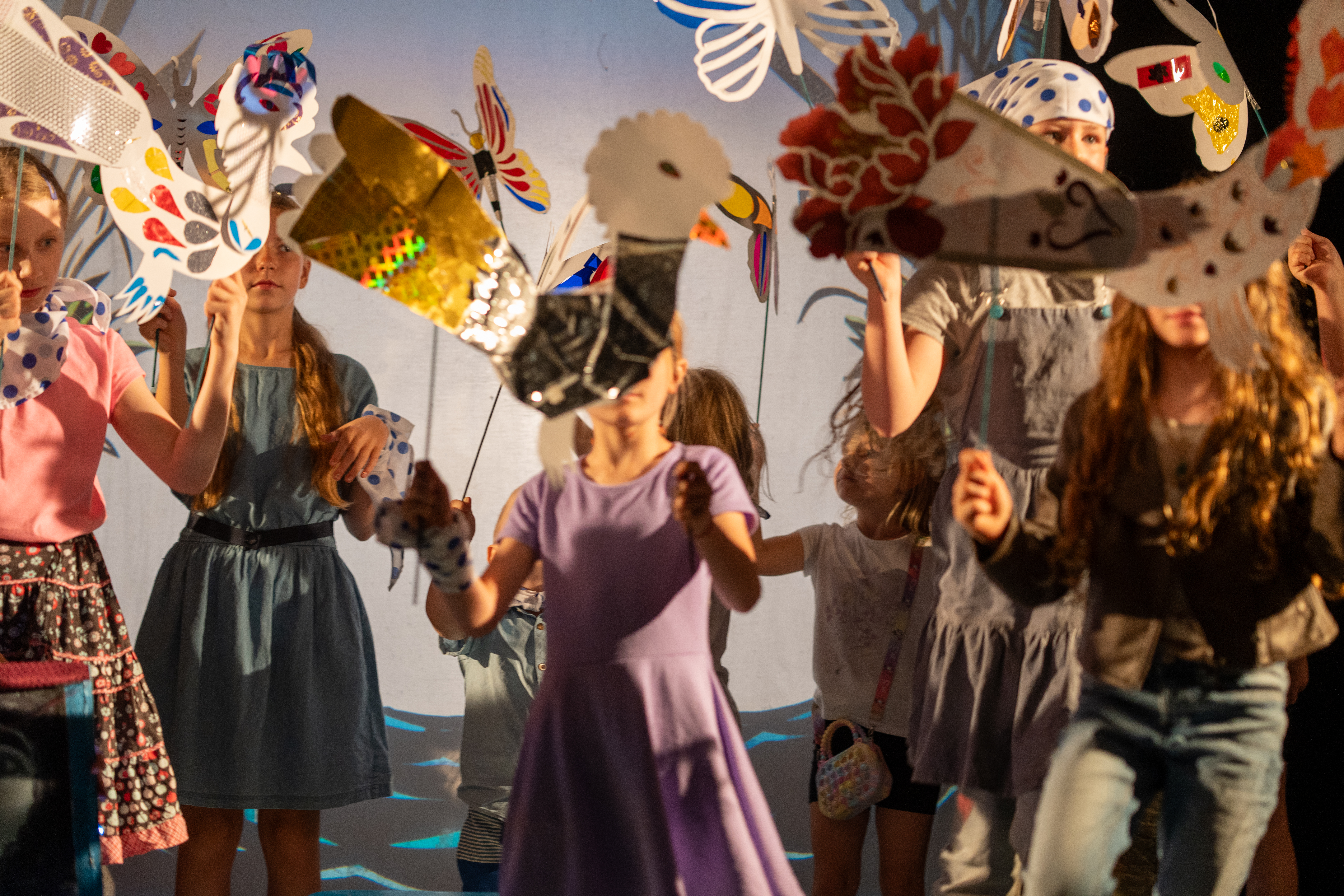 Close-up view of shadow puppetry performance