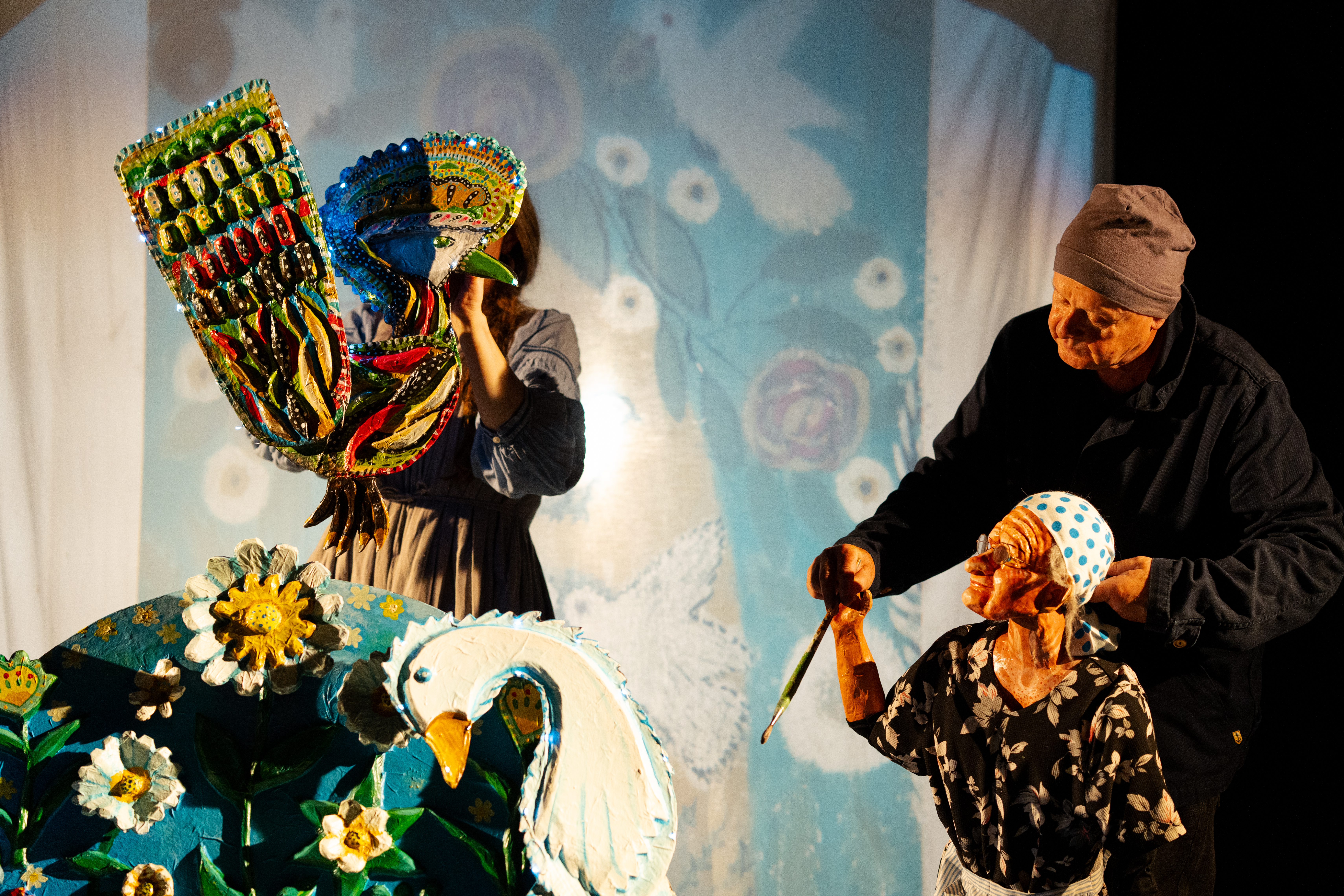 Eye-level view of handcrafted shadow puppets