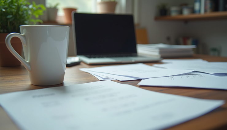Eye-level view of a cluttered desk with scattered papers and a laptop