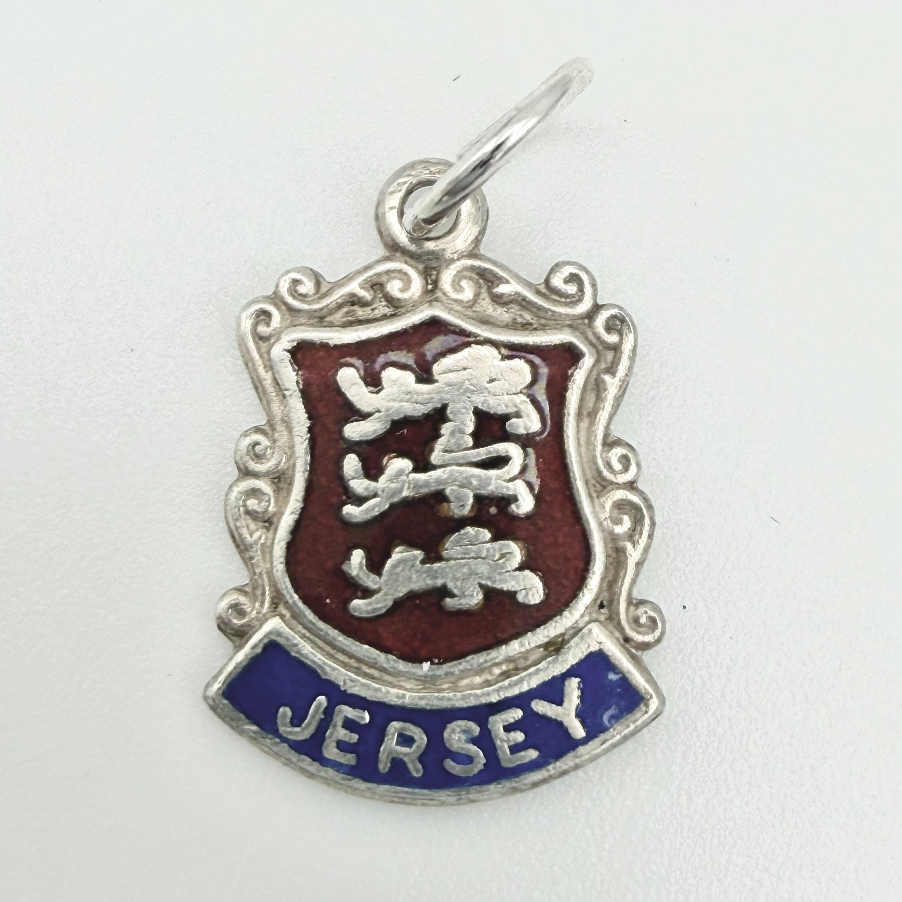 Vintage Sterling Silver Jersey Enamel Travel Shield Charm Pendant 925