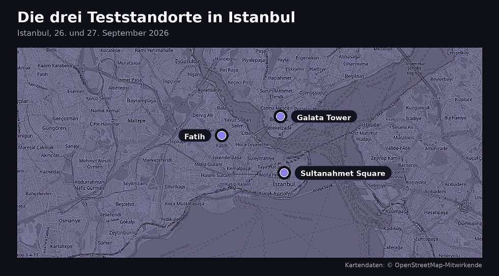 Kartenausschnitt von Istanbul mit den drei Teststandorten Fatih, Sultanahmet Square und Galata Tower, markiert für den eSIM-Test im September 2026.