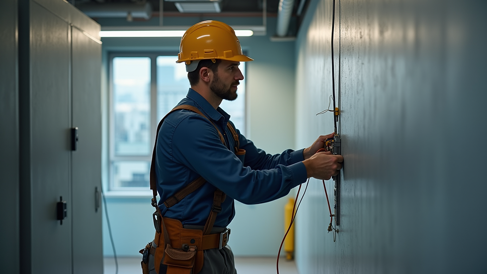 Close-up view of electrician installing wiring in a commercial building