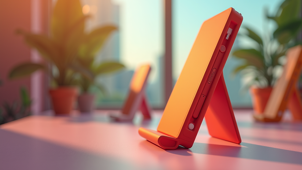 Close-up view of a portable stand with vibrant colors and compact design